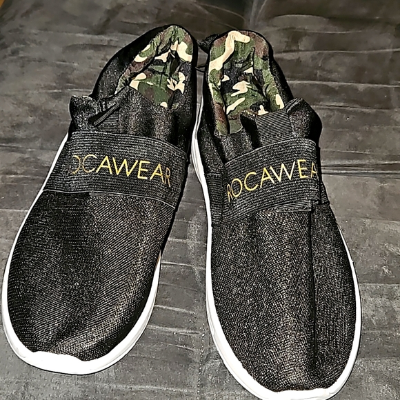 Rocawear Shoes - Rocawear Womens Black Slip-on Gold Metallic Letters Strap Green Brown Tan Camo 8
